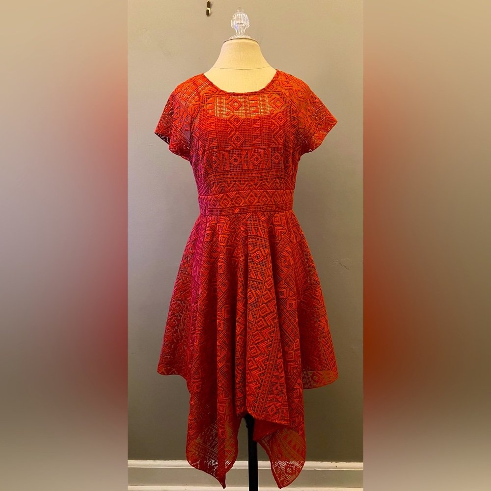 Anthropologie Maeve Prima Lace Handkerchief Hem Midi Dress Burnt Orange Size 6